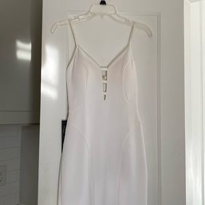 White, v-neck formal midi dress.  Bebe, size XXS.  Mesh back with zipper detail